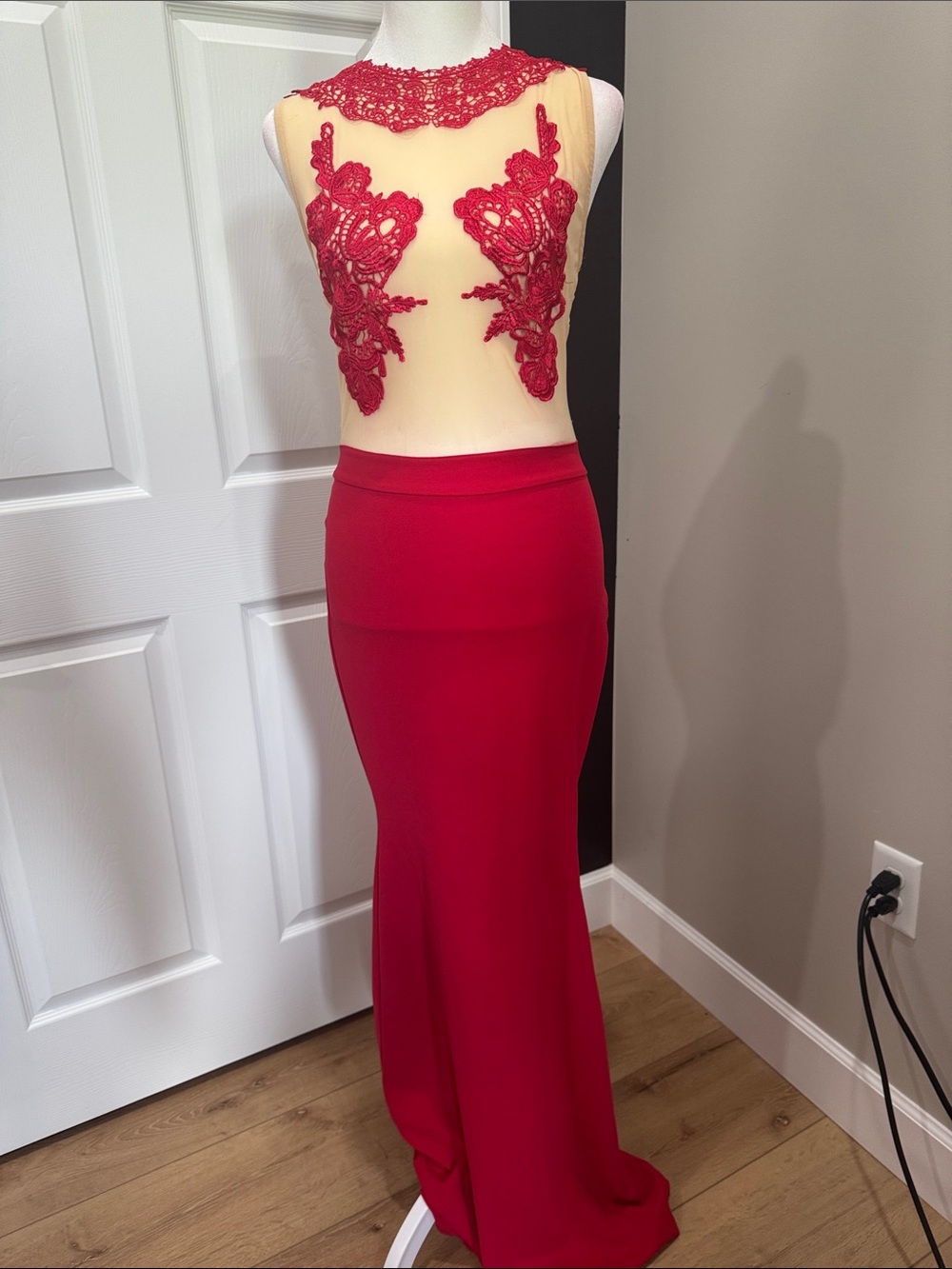 Windsor Red Lace Appliqué Mesh Evening Gown